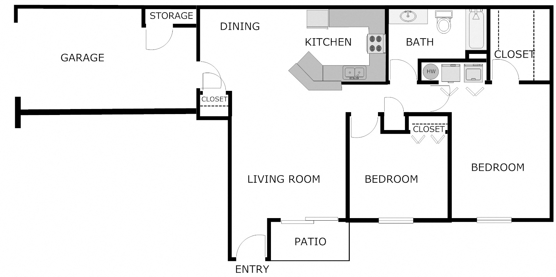 Floor plan for 2 beds, 1 bath, 1200 sqft